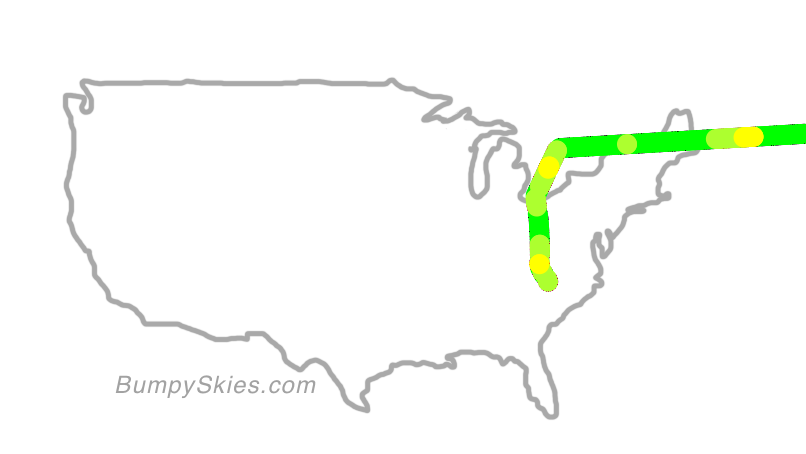 Map of continental US with illustrated flight path and turbulence forecast (described in text below)