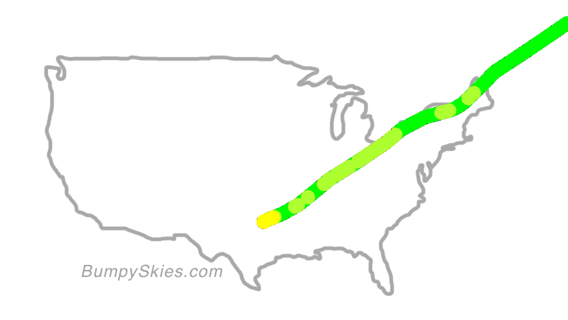 Map of continental US with illustrated flight path and turbulence forecast (described in text below)