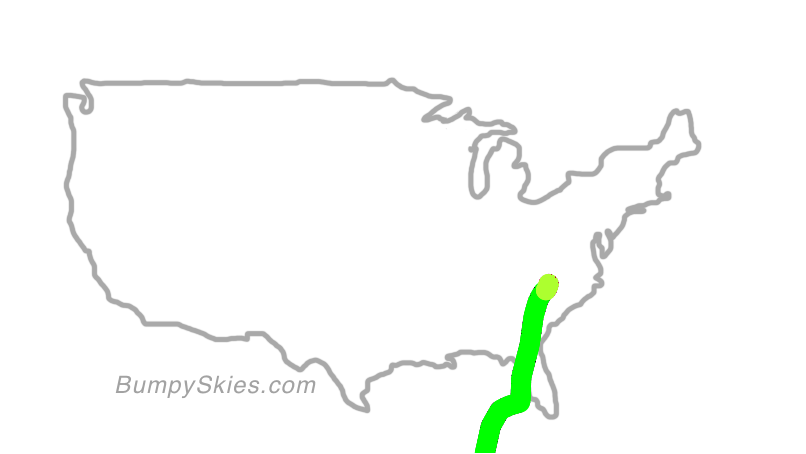 Map of continental US with illustrated flight path and turbulence forecast (described in text below)