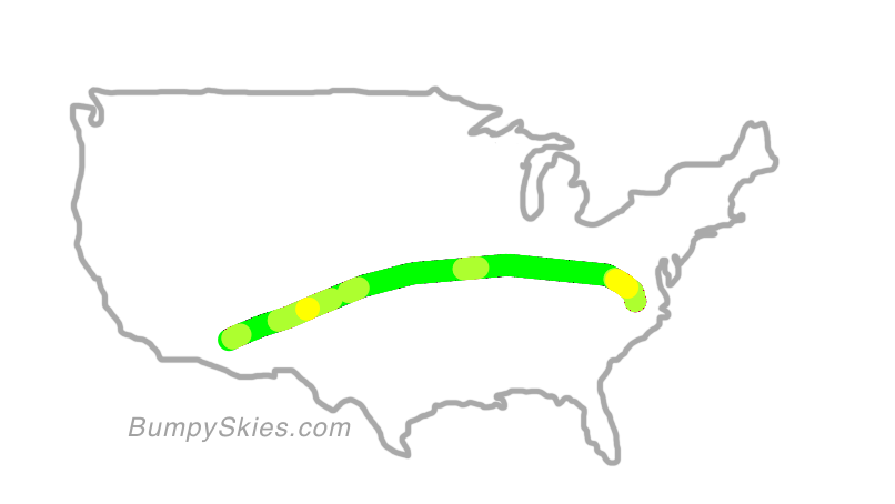 Map of continental US with illustrated flight path and turbulence forecast (described in text below)