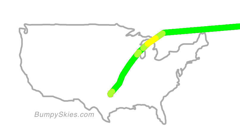 Map of continental US with illustrated flight path and turbulence forecast (described in text below)