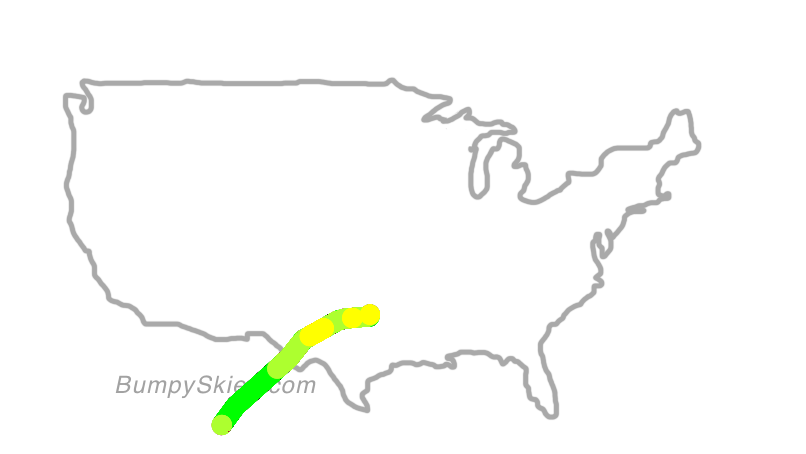 Map of continental US with illustrated flight path and turbulence forecast (described in text below)