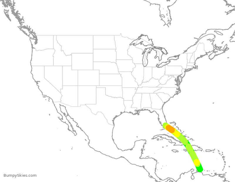 Turbulence forecast map for AAL800, CUR to MIA