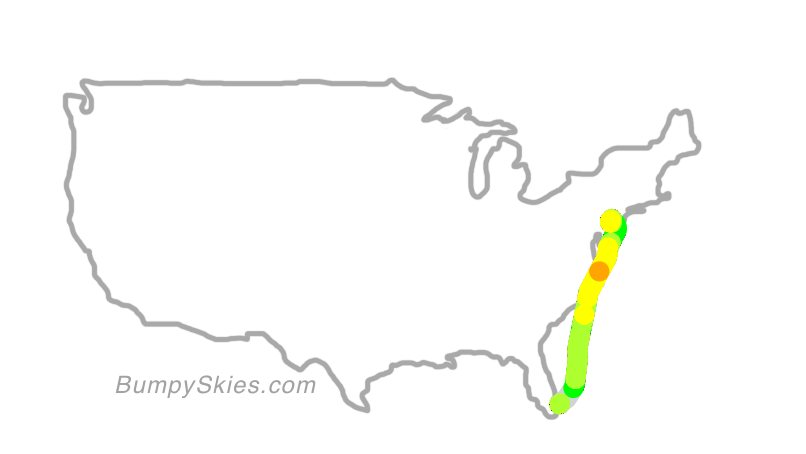 Map of continental US with illustrated flight path and turbulence forecast (described in text below)