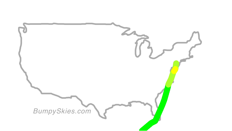 Map of continental US with illustrated flight path and turbulence forecast (described in text below)