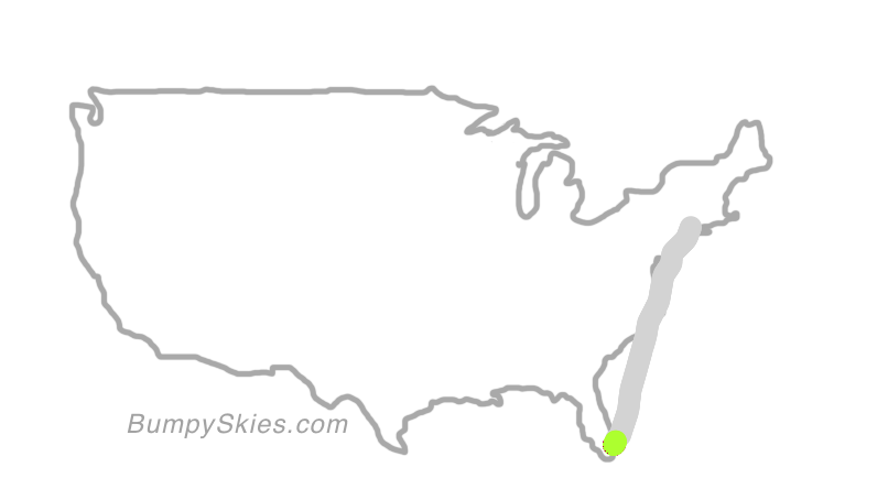 Map of continental US with illustrated flight path and turbulence forecast (described in text below)