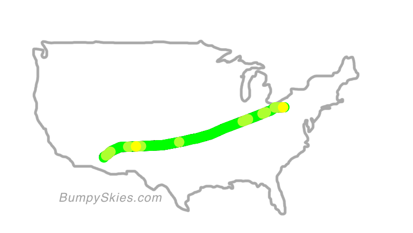 Map of continental US with illustrated flight path and turbulence forecast (described in text below)