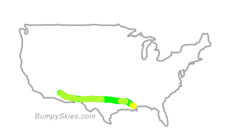 Map of continental US with illustrated flight path and turbulence forecast (described in text below)
