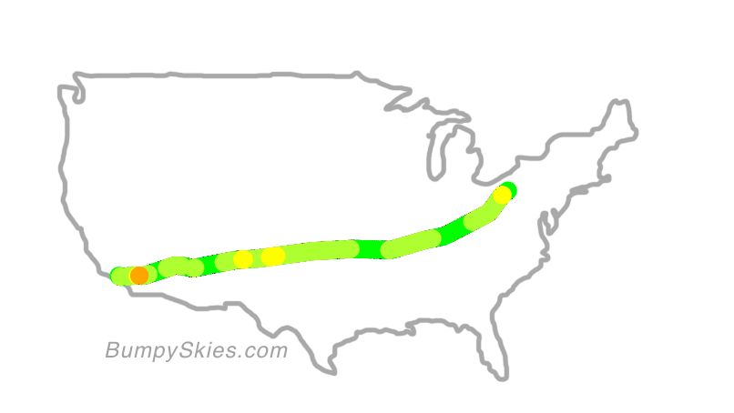 Map of continental US with illustrated flight path and turbulence forecast (described in text below)