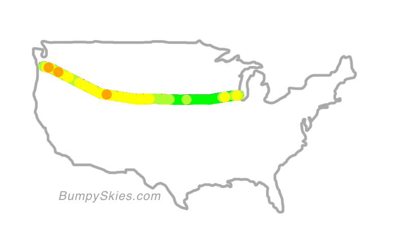 Map of continental US with illustrated flight path and turbulence forecast (described in text below)