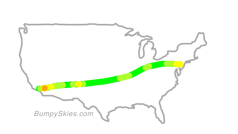Map of continental US with illustrated flight path and turbulence forecast (described in text below)