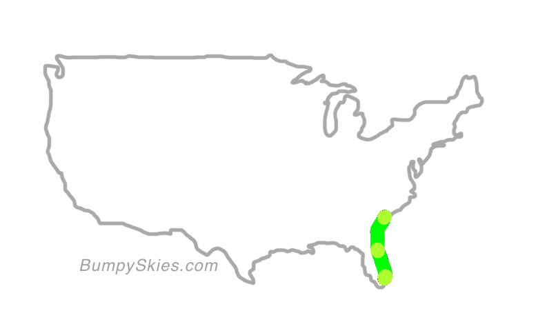 Map of continental US with illustrated flight path and turbulence forecast (described in text below)