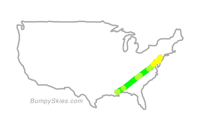 Map of continental US with illustrated flight path and turbulence forecast (described in text below)