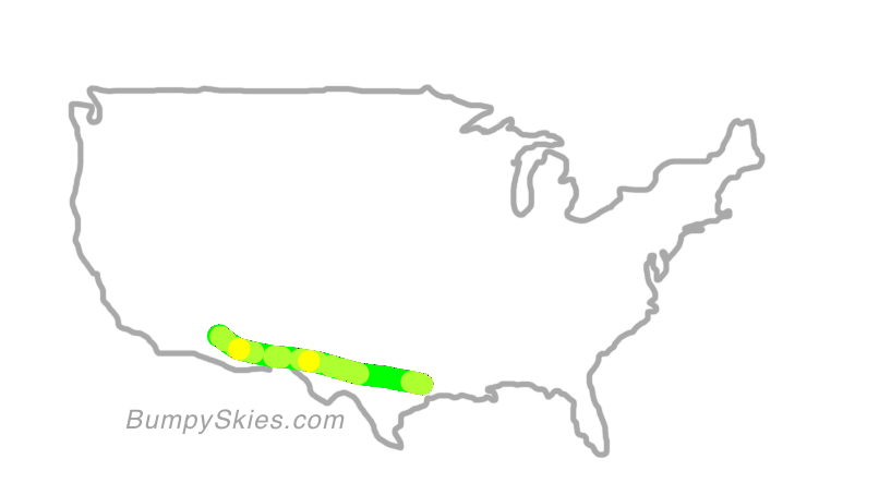 Map of continental US with illustrated flight path and turbulence forecast (described in text below)