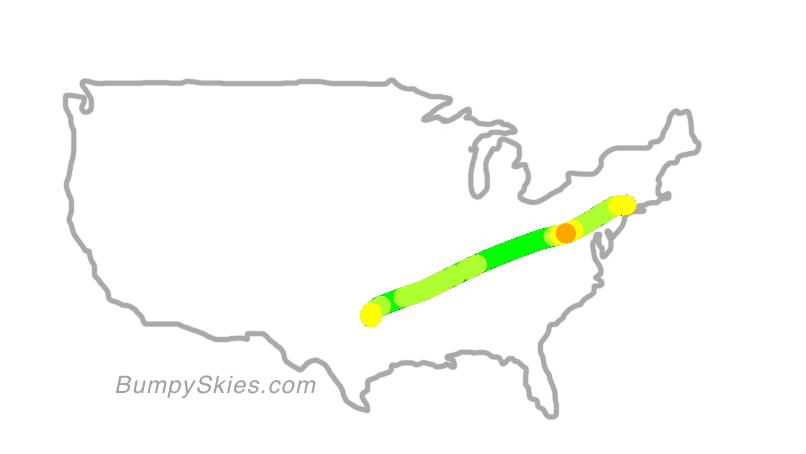 Map of continental US with illustrated flight path and turbulence forecast (described in text below)