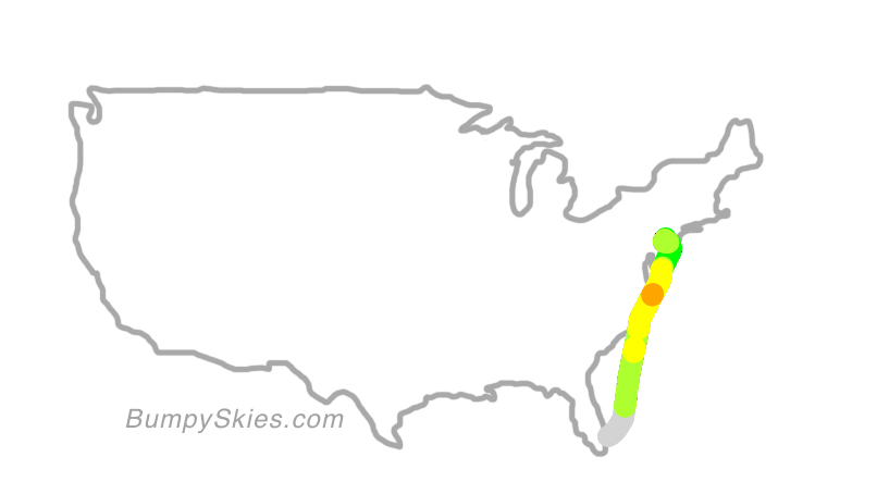 Map of continental US with illustrated flight path and turbulence forecast (described in text below)
