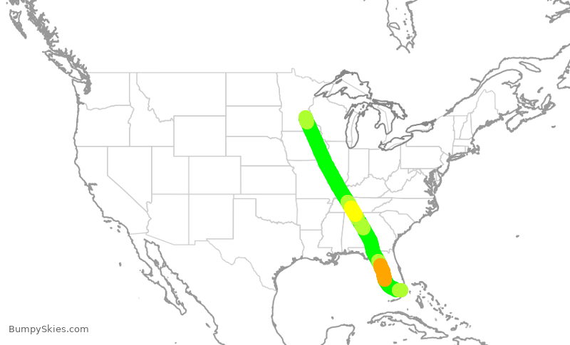 Turbulence forecast map for AAL870, MSP to MIA