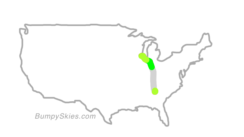 Map of continental US with illustrated flight path and turbulence forecast (described in text below)