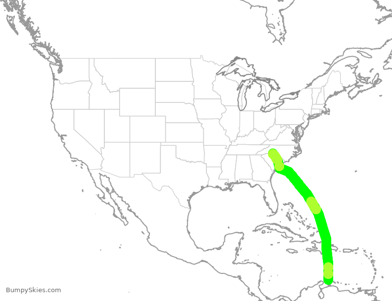 Turbulence forecast map for AAL874, AUA to CLT