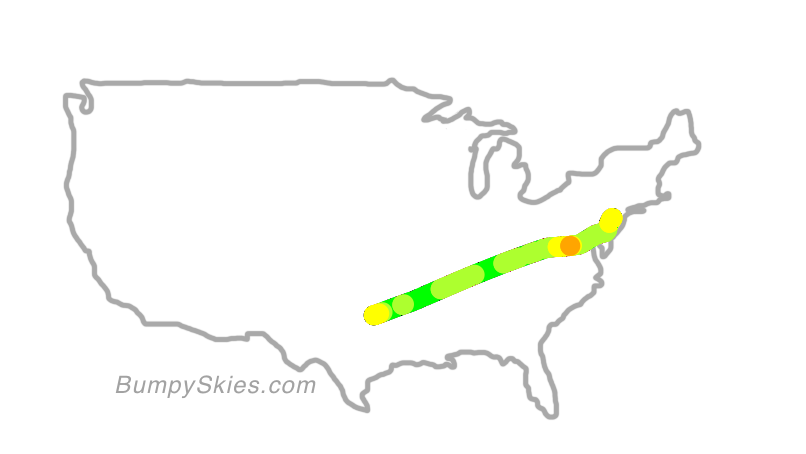 Map of continental US with illustrated flight path and turbulence forecast (described in text below)