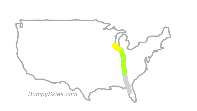 Map of continental US with illustrated flight path and turbulence forecast (described in text below)