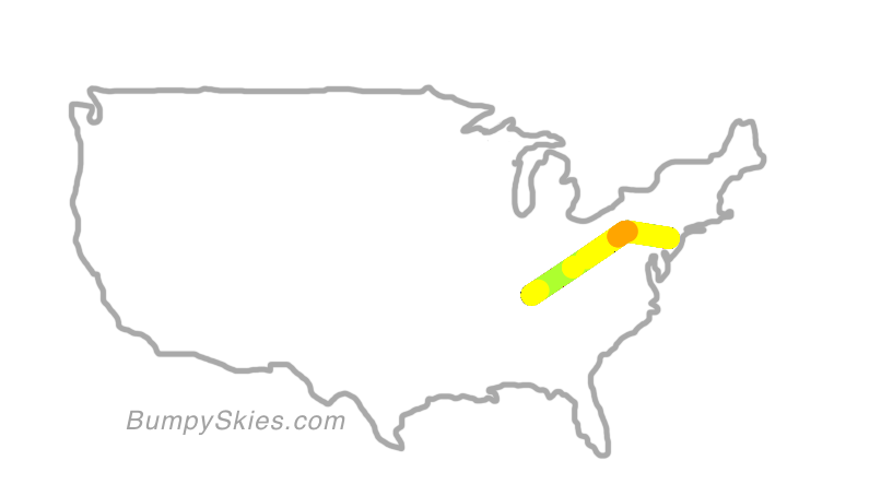 Map of continental US with illustrated flight path and turbulence forecast (described in text below)