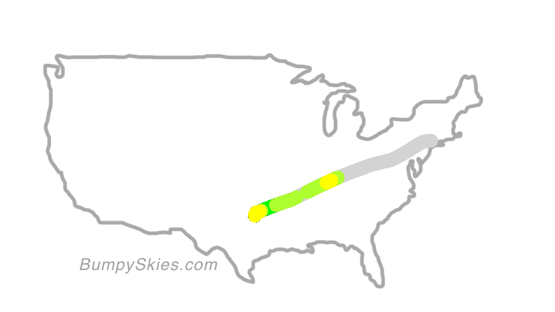 Map of continental US with illustrated flight path and turbulence forecast (described in text below)