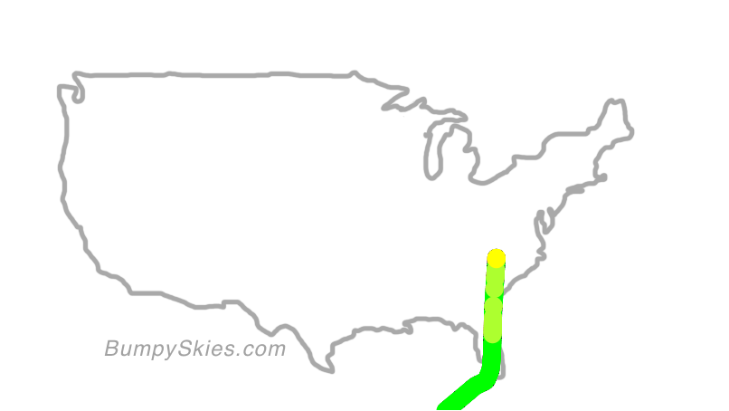 Map of continental US with illustrated flight path and turbulence forecast (described in text below)
