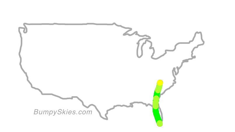 Map of continental US with illustrated flight path and turbulence forecast (described in text below)