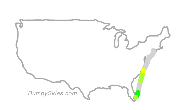 Map of continental US with illustrated flight path and turbulence forecast (described in text below)