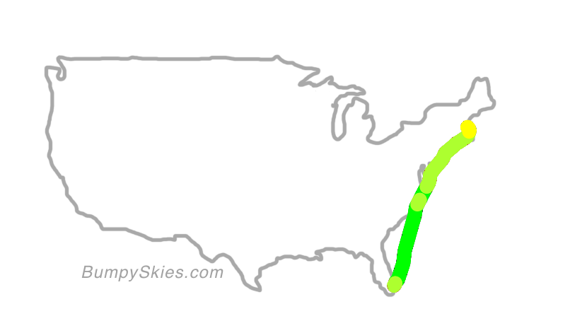 Map of continental US with illustrated flight path and turbulence forecast (described in text below)