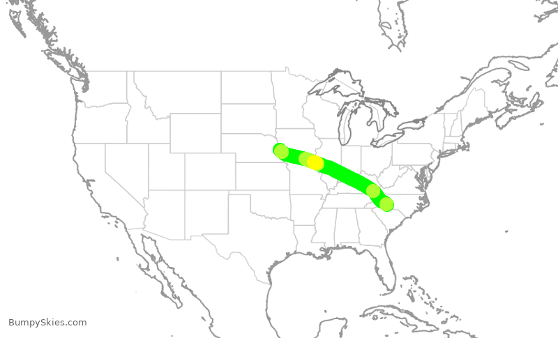 Turbulence forecast map for AAL891, CLT to OMA