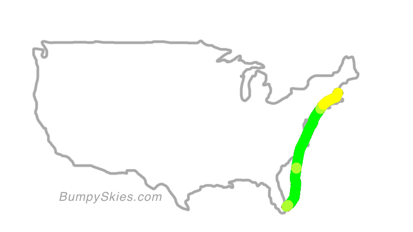 Map of continental US with illustrated flight path and turbulence forecast (described in text below)