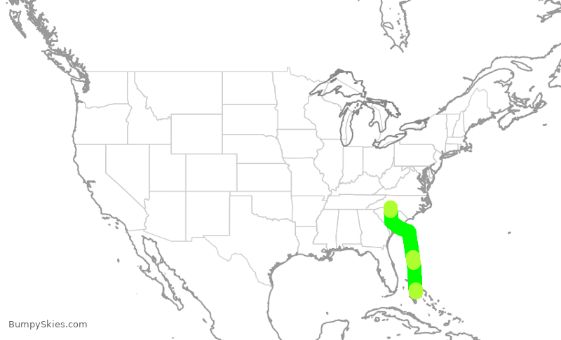 Turbulence forecast map for AAL893, CLT to YNN