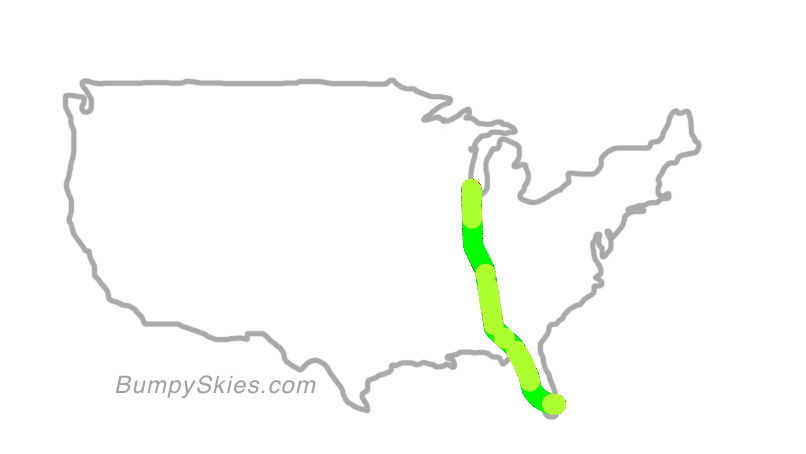 Map of continental US with illustrated flight path and turbulence forecast (described in text below)