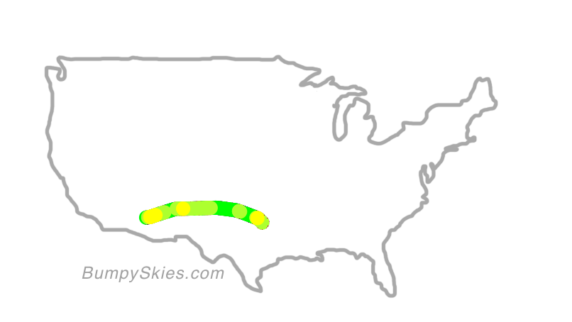 Map of continental US with illustrated flight path and turbulence forecast (described in text below)