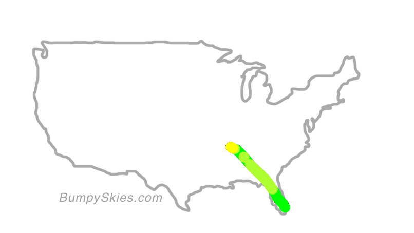 Map of continental US with illustrated flight path and turbulence forecast (described in text below)