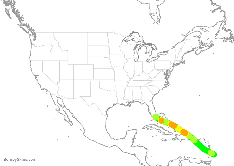 Turbulence forecast map for AAL89, BGI to MIA