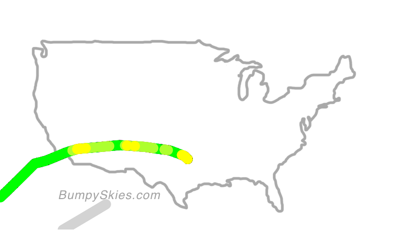 Map of continental US with illustrated flight path and turbulence forecast (described in text below)