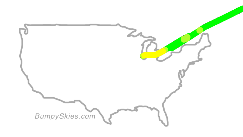 Map of continental US with illustrated flight path and turbulence forecast (described in text below)