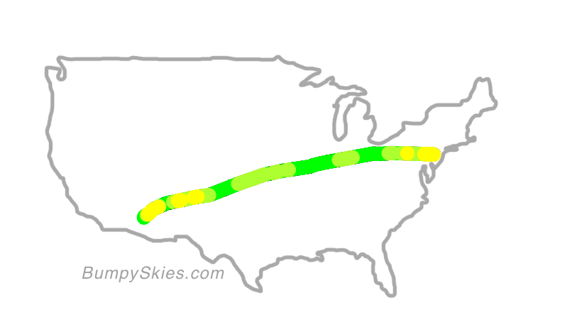 Map of continental US with illustrated flight path and turbulence forecast (described in text below)