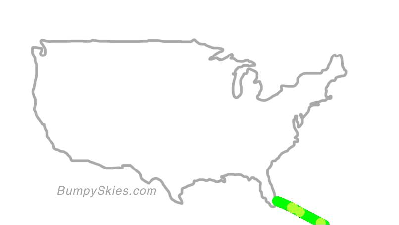 Map of continental US with illustrated flight path and turbulence forecast (described in text below)