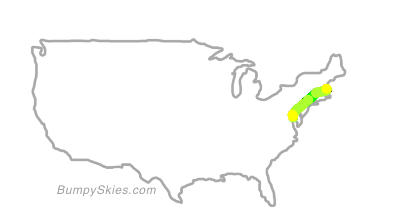 Map of continental US with illustrated flight path and turbulence forecast (described in text below)