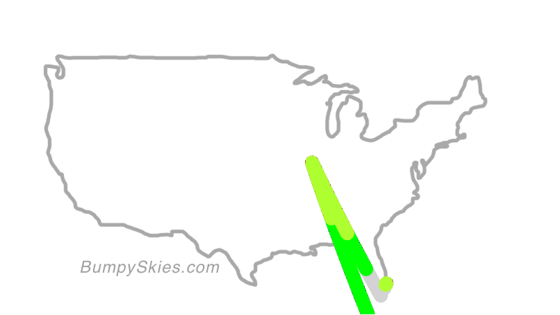 Map of continental US with illustrated flight path and turbulence forecast (described in text below)