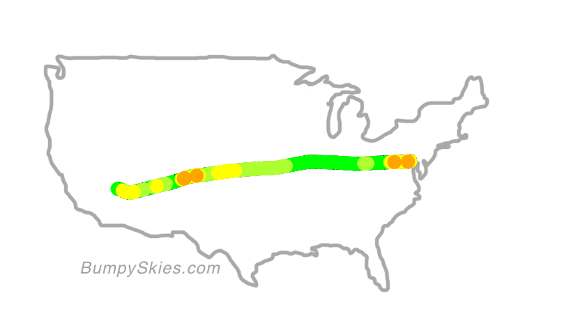 Map of continental US with illustrated flight path and turbulence forecast (described in text below)