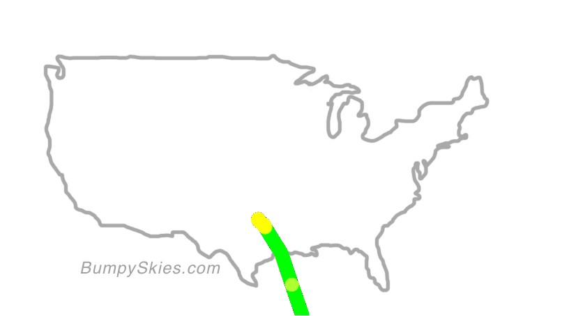 Map of continental US with illustrated flight path and turbulence forecast (described in text below)