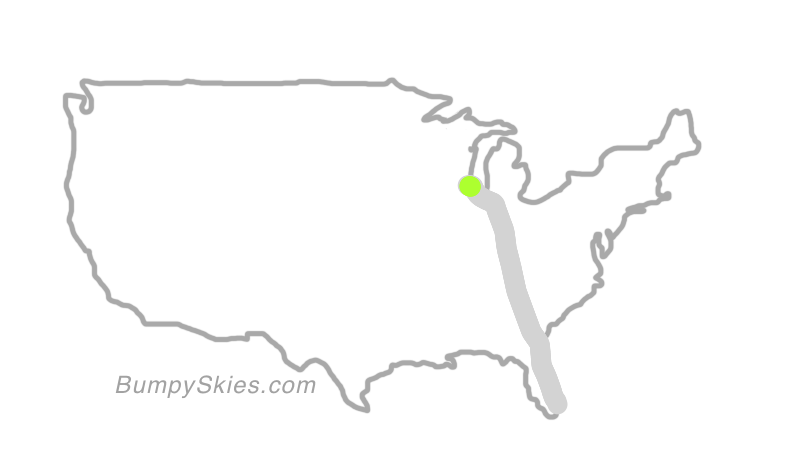 Map of continental US with illustrated flight path and turbulence forecast (described in text below)