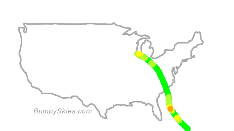 Map of continental US with illustrated flight path and turbulence forecast (described in text below)