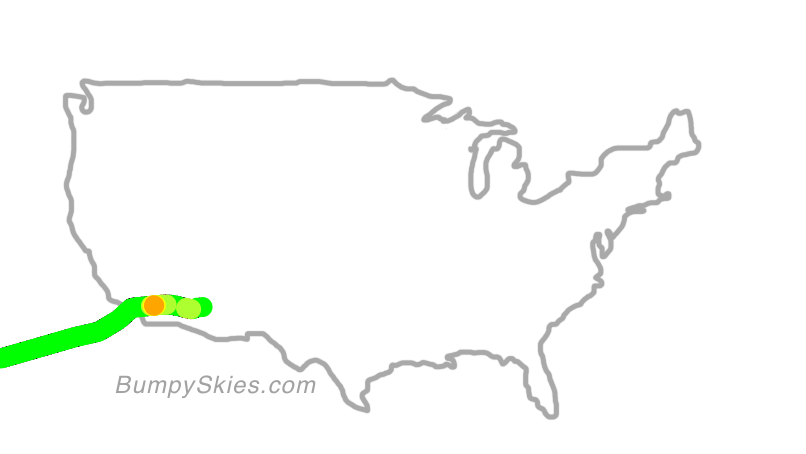 Map of continental US with illustrated flight path and turbulence forecast (described in text below)