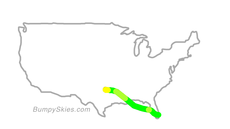 Map of continental US with illustrated flight path and turbulence forecast (described in text below)
